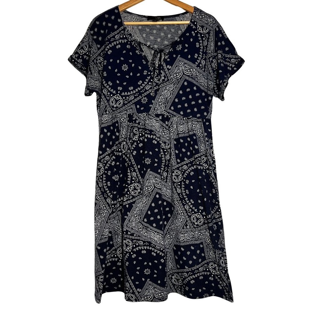 Suzanne Betro Navy Paisley Patchwork Empire-Waist Dress With Pockets Size Large